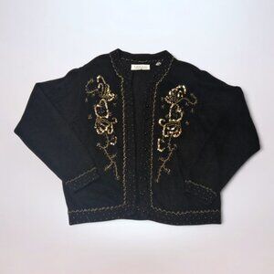Karen Scott 90s Embellished Black & Gold Cardigan Sweater